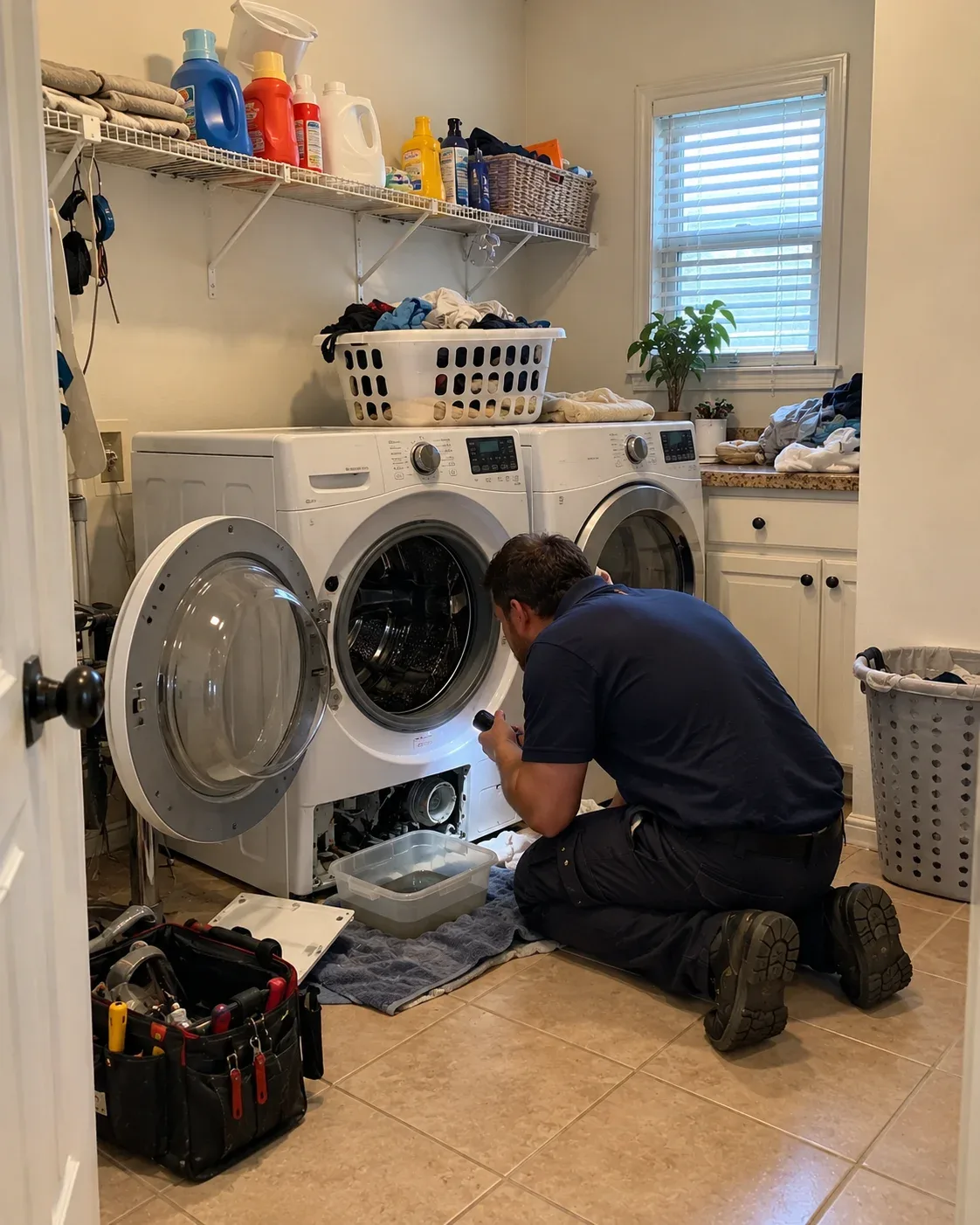 Washing machine repair in a Grapevine, Texas laundry room